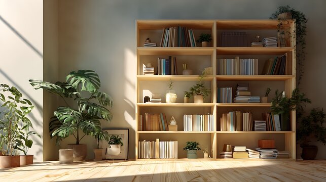 Modern bookshelf with house plants and books in a bright living room