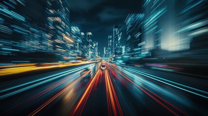 Obraz premium Abstract Cityscape at Night with Streaking Lights Representing Speed and Technology