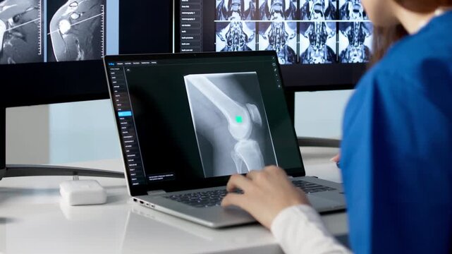 Doctor Reviews Knee And Shoulder MRI Scans On Laptop