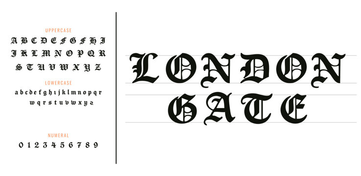 London Gate Font Set &ndash; Elegant Blackletter Gothic Typeface with Uppercase, Lowercase & Numerals
