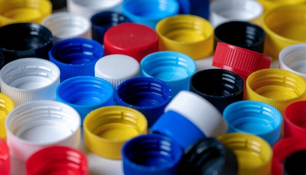 Colorful plastic bottle caps in a scattered pile, representing recycling and waste management