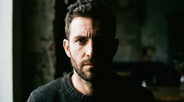 Intense Closeup Portrait of Bearded Man in Shadowy Light.