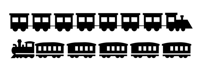 Freight train and passenger train icon set. Rail transport silhouette pack. © Adit