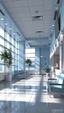 Bright and Modern Hospital Waiting Room with Large Windows and Blue Seating
