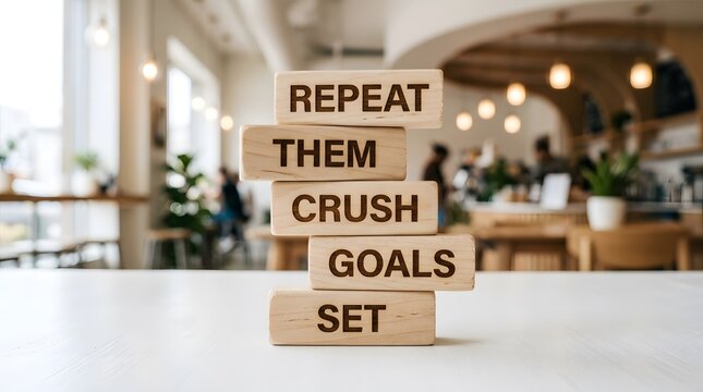 Wooden blocks stacked on a table with the text set goals crush them repeat in black letters