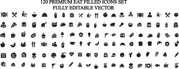Fototapeta premium Premium Eat Icons Collection – Modern Food & Dining Symbol Set.Perfect for restaurant branding, food delivery apps, menus, websites, UI/UX projects, mobile applications, packaging,& digital marketing.