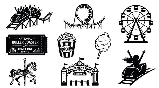 Amusement park icons A collection of roller coasters, Ferris wheel, carousel, and concession stand treats