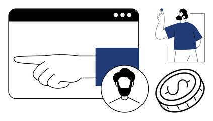 Digital identity, personal branding, user interfaces, e-commerce, decision-making, online platforms. Minimal graphic with a hand pointing, profile portrait coin symbol. Personal branding and digital © robu_s