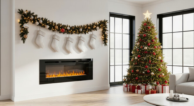 Cozy living room with christmas tree and fireplace