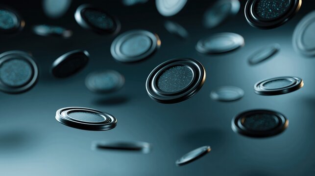 Abstract dark round metallic objects floating and falling in a moody atmospheric setting