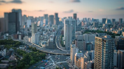 Obraz premium Aerial View of a Bustling Metropolis Skyline at Dusk with Highways and Buildings