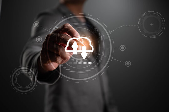 Business man write icon of cloud storage  for online network program management
