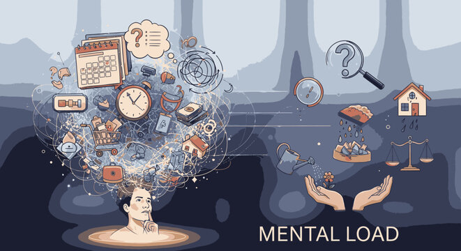 Overwhelmed person with a chaotic brain full of tasks, responsibilities, and questions, representing mental load.