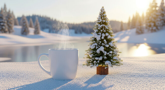 Snowy pine tree by river in winter landscape