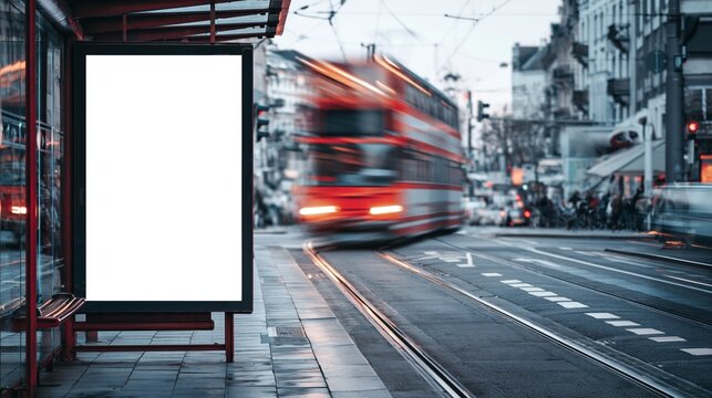 Blank advertising billboard at a busy city bus stop with a blurred red double decker bus passing by