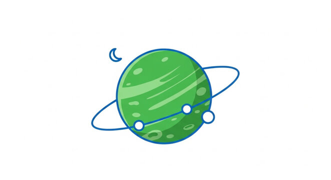 Green planet with rings and moons illustration.
