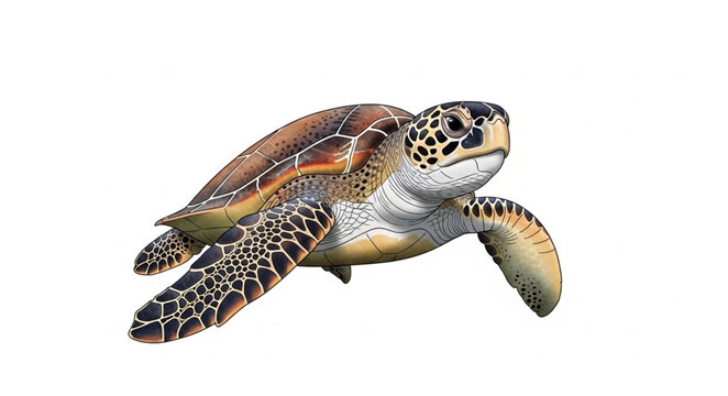 Green Sea Turtle Swimming Isolated on White Background.