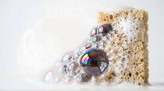 Sponge with iridescent soap bubbles and white foam on clean white background for household cleaning hygiene and dishwashing product advertising