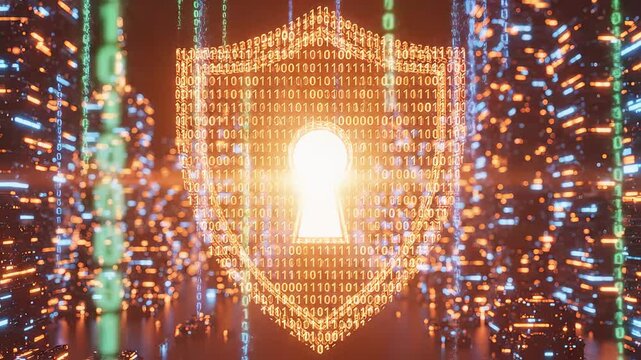 Digital shield with binary code in cityscape highlighting artificial intelligence and digital evolution