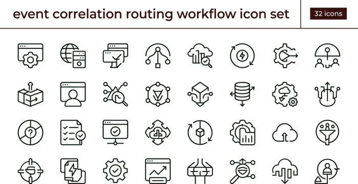 Event Correlation Routing Workflow Icon Set Featuring Data Analytics Automation Monitoring and Intelligent System Integration Concepts