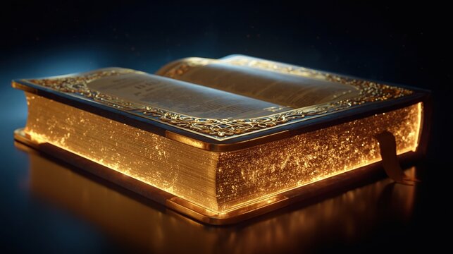 Antique Golden Holy Book Illuminated with Divine Light, Open for Sacred Wisdom and Knowledge