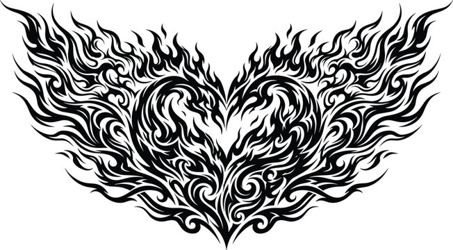 Intricate heavy metal tribal tattoo pattern black ink blazing heart fire wings emblem for alternative streetwear apparel graphics