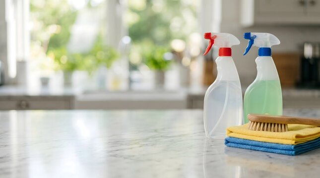 Professional cleaning equipment with spray bottles and microfiber cloths on a white marble countertop in a bright modern kitchen background