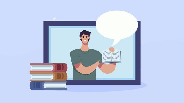 Online education concept with male teacher reading book in laptop screen and speech bubble animation.