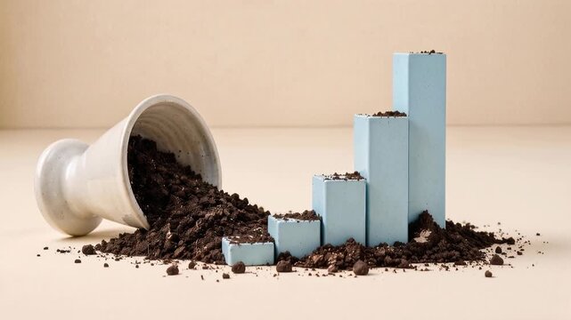 Financial Growth Chart Spills Soil Symbolizing Economic Downturn or Setback. A conceptual representation of financial decline, where a bar graph made of soil spills out of a pot