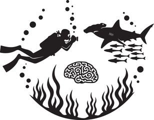 Black and white of a shark and octopus with fire and water © DS STORE