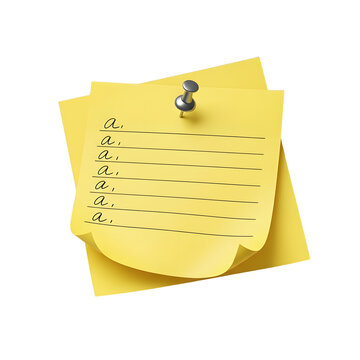 Two bright yellow sticky notes pinned together with a single silver push pin showing handwriting lines, isolated on transparent background, 8K ultra-high resolution