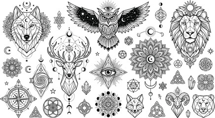 Intricate line art spiritual animals bundle with celestial crescent moon phases all seeing eye stars and compass graphics © MSTNAJMA