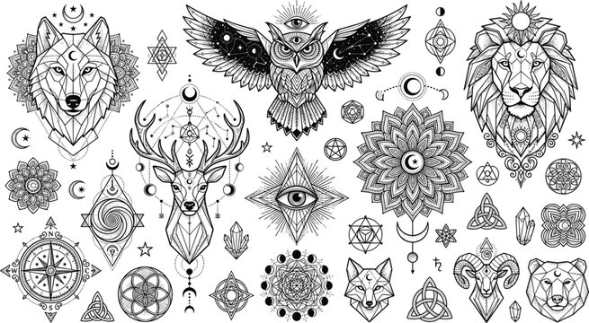 Intricate line art spiritual animals bundle with celestial crescent moon phases all seeing eye stars and compass graphics