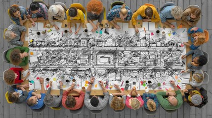 Fototapeta premium Diverse group of people collaborating and brainstorming around a large table with drawing supplies, overhead view