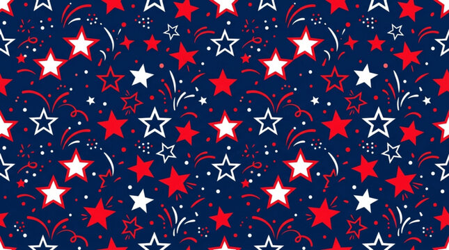 Bright red white and blue stars with sparkling fireworks bursts on a dark navy background patriotic celebration pattern