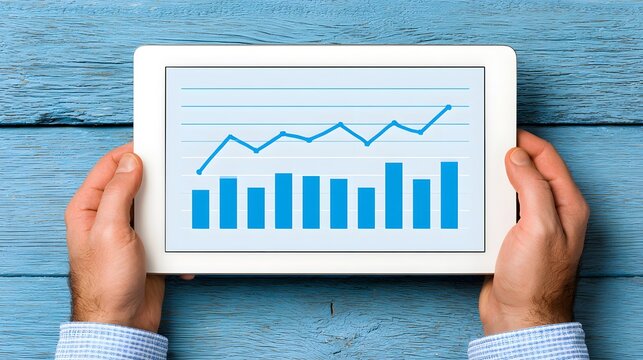 A pair of hands holding a tablet displaying a graph that shows the correlation between interest rates and investment performance, set against a clean background with ample copy space.