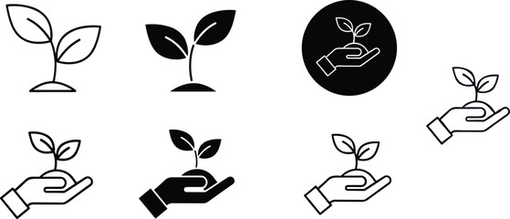 Plant Growth and Sustainability Icon Set Featuring Hand-Held Seedling, Sprout, and Eco-Friendly Symbols for Environmental and Nature Designs © MDTAREK