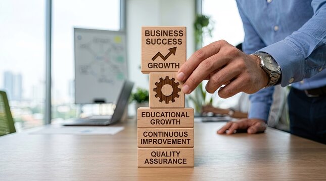 Hand carefully placing a wooden cube with a gear icon onto a stack of blocks representing business success growth educational growth continuous improvement and quality assurance in a modern office