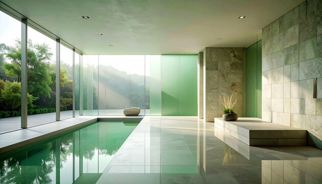 A calm architectural composition featuring sage green frosted glass