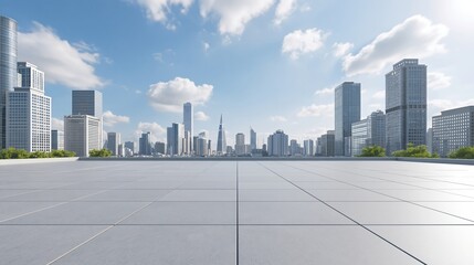 Naklejka premium Expansive modern cityscape viewed from a clean, tiled rooftop terrace under a bright, cloudy sky