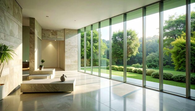 A calm architectural composition featuring sage green frosted glass