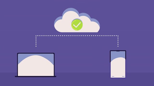 Data synchronization animation showing a secure cloud connection between a laptop and a smartphone, symbolizing efficient digital workflow and mobile computing.