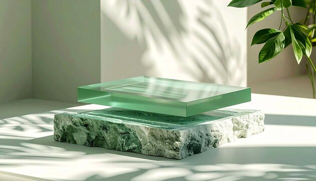 A floating sage green acrylic platform above smooth pale stone