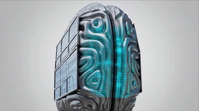 未来のAIテクノロジーを象徴するチタン製脳型モノリスの巨大な外壁