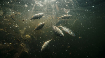 Fototapeta premium Underwater View of Dead Fish Floating in Murky Polluted Water with Floating Debris