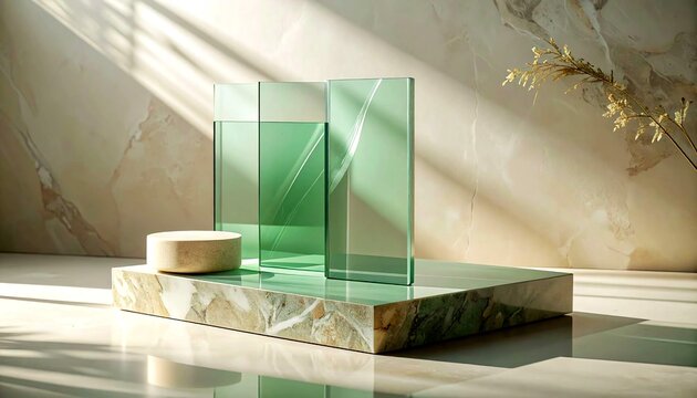 A minimal skincare-inspired scene with translucent sage green glass panels layered over warm limestone surfaces