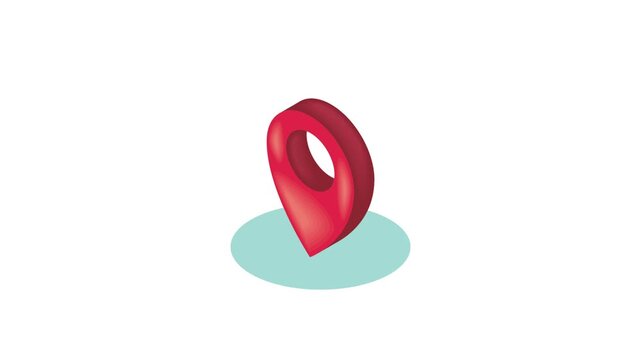 Red isometric location pin icon floating with shadow on white background for map navigation and travel application design.