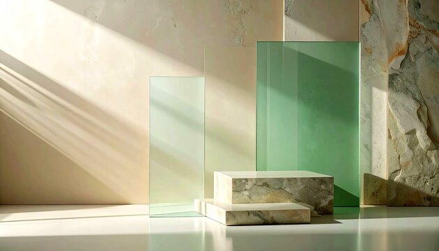 A minimal skincare-inspired scene with translucent sage green glass panels layered over warm limestone surfaces