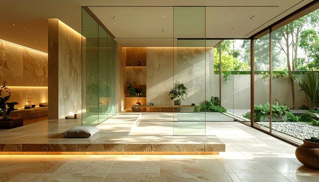 A minimal spa-inspired interior corner with translucent sage glass partitions