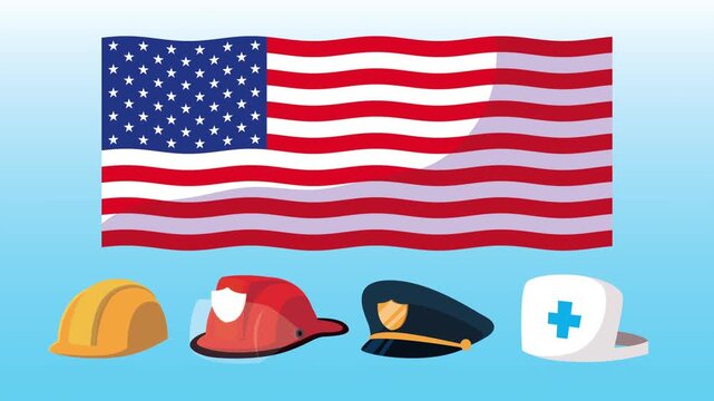 American flag waving with work safety helmets and police cap representing labor day celebration motion footage.
